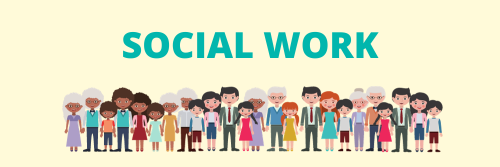 Illustration of a group of diverse cartoon people with "SOCIAL WORK" written above them.