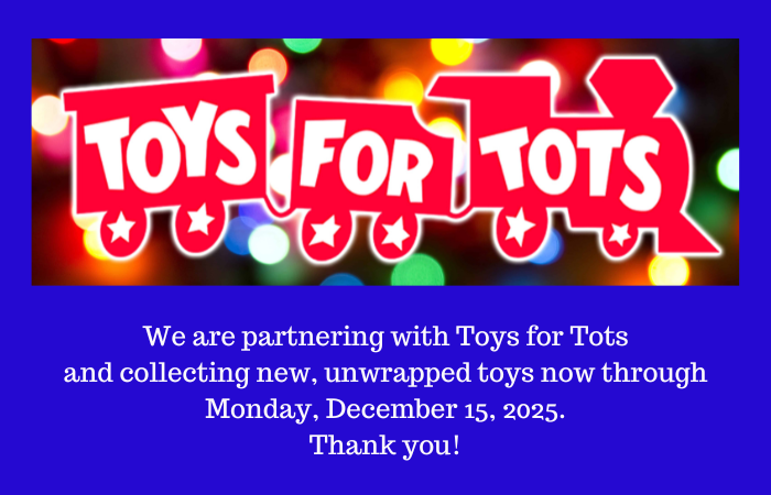 Toys for Tots logo with festive lights background and information about a toy drive.